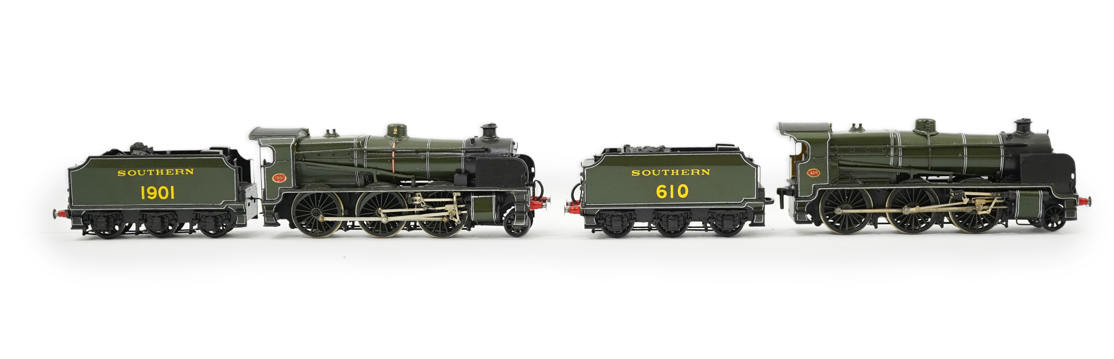 Two 00 gauge brass and white metal kit built Maunsell designed Southern Railway tender locomotives; a class U1 2-6-0, 1901, together with a class U 2-6-0, 610, constructed, painted and lined to a high standard, both moto